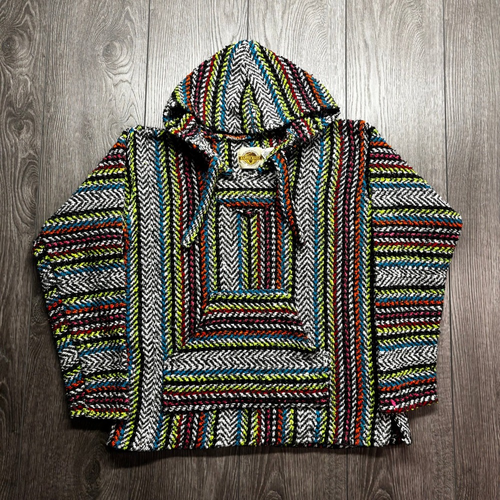 Earth Ragz Baja Hoodie Mens Large Multi Color Striped Mexican Blanket Pullover